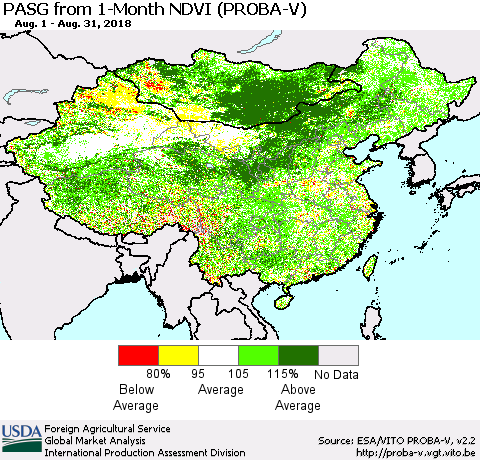 China, Mongolia and Taiwan PASG from 1-Month NDVI (PROBA-V) Thematic Map For 8/21/2018 - 8/31/2018