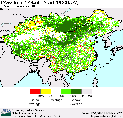 China, Mongolia and Taiwan PASG from 1-Month NDVI (PROBA-V) Thematic Map For 9/11/2018 - 9/20/2018