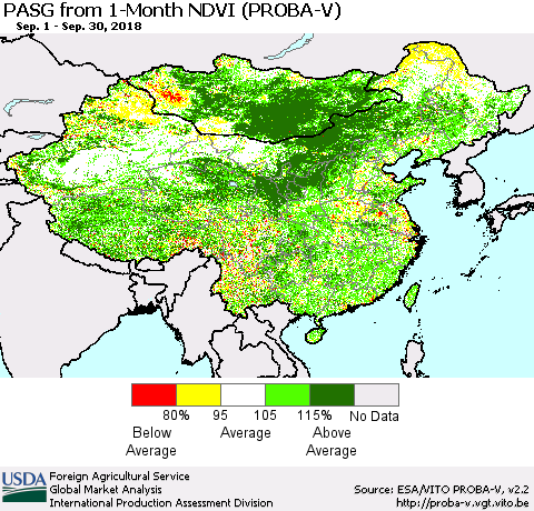 China and Taiwan PASG from 1-Month NDVI (PROBA-V) Thematic Map For 9/21/2018 - 9/30/2018