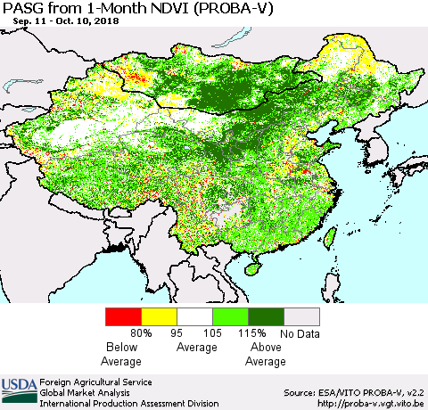 China and Taiwan PASG from 1-Month NDVI (PROBA-V) Thematic Map For 10/1/2018 - 10/10/2018