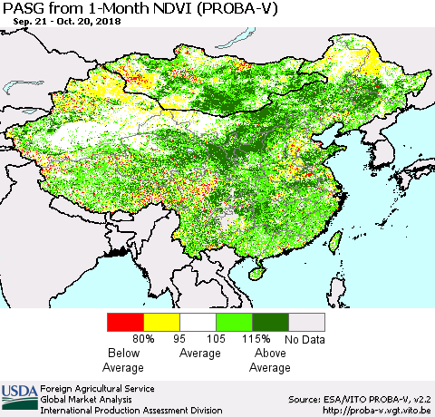 China and Taiwan PASG from 1-Month NDVI (PROBA-V) Thematic Map For 10/11/2018 - 10/20/2018