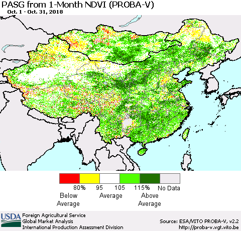 China and Taiwan PASG from 1-Month NDVI (PROBA-V) Thematic Map For 10/21/2018 - 10/31/2018