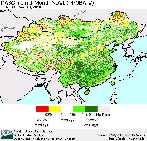 China and Taiwan PASG from 1-Month NDVI (PROBA-V) Thematic Map For 11/1/2018 - 11/10/2018