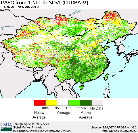 China and Taiwan PASG from 1-Month NDVI (PROBA-V) Thematic Map For 11/11/2018 - 11/20/2018