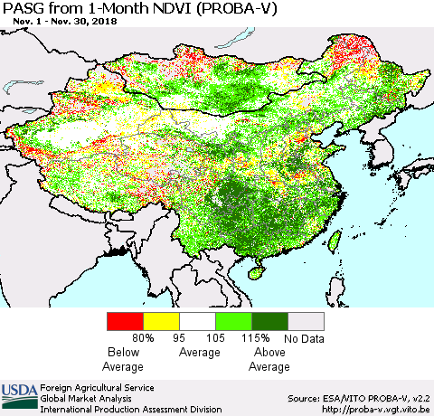 China and Taiwan PASG from 1-Month NDVI (PROBA-V) Thematic Map For 11/21/2018 - 11/30/2018