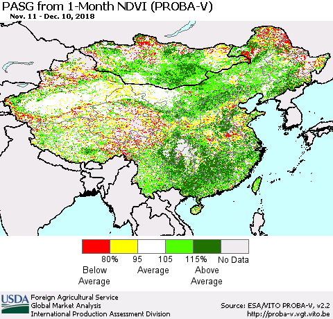 China and Taiwan PASG from 1-Month NDVI (PROBA-V) Thematic Map For 12/1/2018 - 12/10/2018