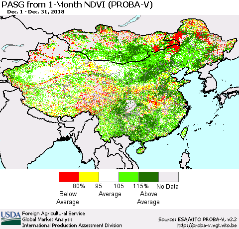 China and Taiwan PASG from 1-Month NDVI (PROBA-V) Thematic Map For 12/21/2018 - 12/31/2018