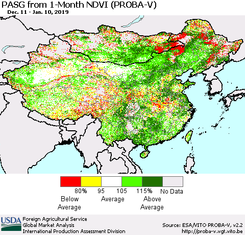 China and Taiwan PASG from 1-Month NDVI (PROBA-V) Thematic Map For 1/1/2019 - 1/10/2019