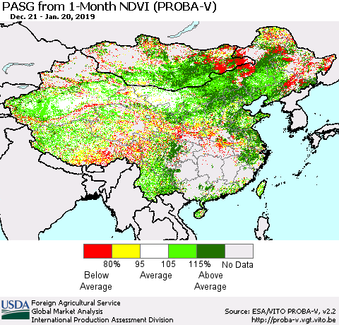 China and Taiwan PASG from 1-Month NDVI (PROBA-V) Thematic Map For 1/11/2019 - 1/20/2019
