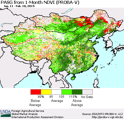 China and Taiwan PASG from 1-Month NDVI (PROBA-V) Thematic Map For 2/1/2019 - 2/10/2019