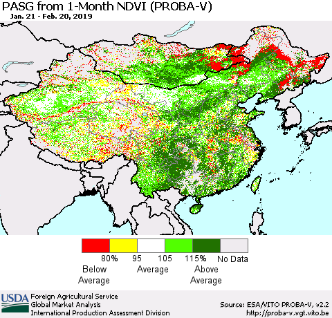 China and Taiwan PASG from 1-Month NDVI (PROBA-V) Thematic Map For 2/11/2019 - 2/20/2019