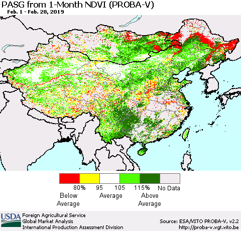 China, Mongolia and Taiwan PASG from 1-Month NDVI (PROBA-V) Thematic Map For 2/21/2019 - 2/28/2019