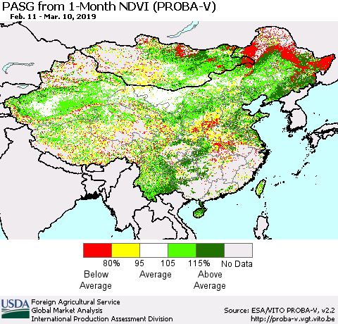 China and Taiwan PASG from 1-Month NDVI (PROBA-V) Thematic Map For 3/1/2019 - 3/10/2019