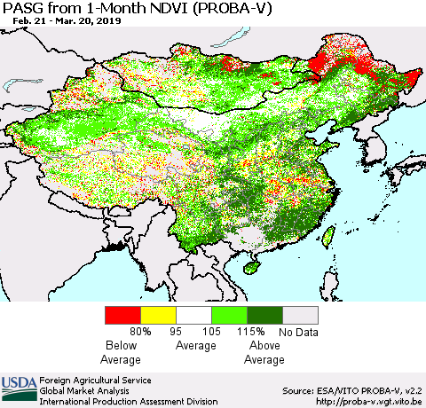 China and Taiwan PASG from 1-Month NDVI (PROBA-V) Thematic Map For 3/11/2019 - 3/20/2019