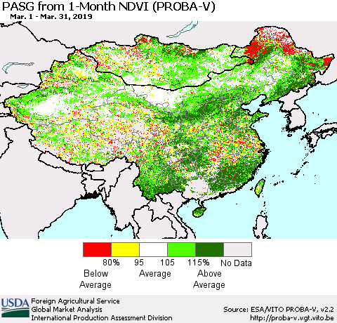 China, Mongolia and Taiwan PASG from 1-Month NDVI (PROBA-V) Thematic Map For 3/21/2019 - 3/31/2019