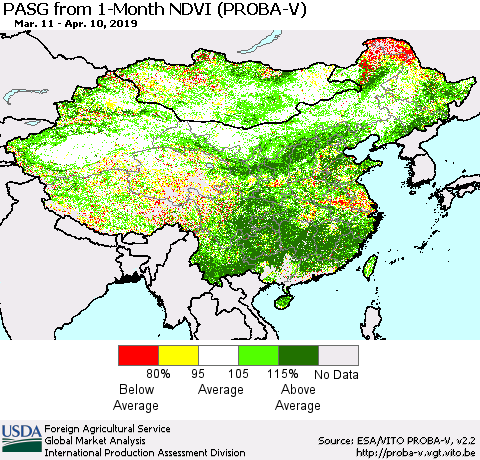 China and Taiwan PASG from 1-Month NDVI (PROBA-V) Thematic Map For 4/1/2019 - 4/10/2019
