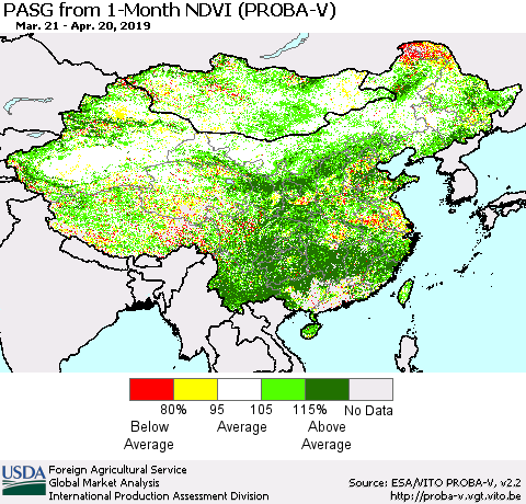 China and Taiwan PASG from 1-Month NDVI (PROBA-V) Thematic Map For 4/11/2019 - 4/20/2019
