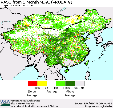 China, Mongolia and Taiwan PASG from 1-Month NDVI (PROBA-V) Thematic Map For 5/1/2019 - 5/10/2019