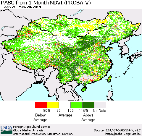 China and Taiwan PASG from 1-Month NDVI (PROBA-V) Thematic Map For 5/11/2019 - 5/20/2019