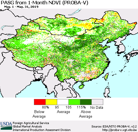 China, Mongolia and Taiwan PASG from 1-Month NDVI (PROBA-V) Thematic Map For 5/21/2019 - 5/31/2019