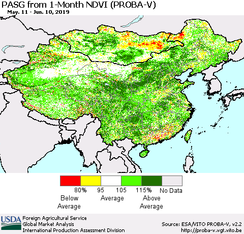 China and Taiwan PASG from 1-Month NDVI (PROBA-V) Thematic Map For 6/1/2019 - 6/10/2019
