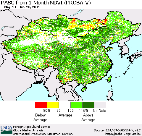 China and Taiwan PASG from 1-Month NDVI (PROBA-V) Thematic Map For 6/11/2019 - 6/20/2019