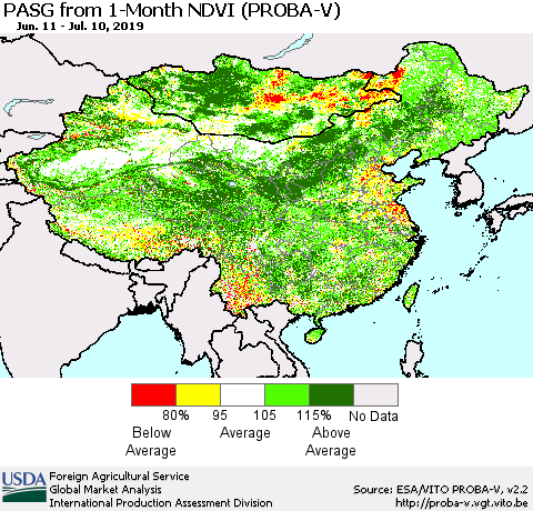 China and Taiwan PASG from 1-Month NDVI (PROBA-V) Thematic Map For 7/1/2019 - 7/10/2019