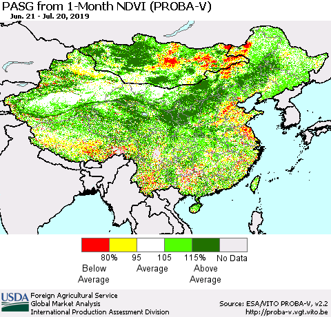 China and Taiwan PASG from 1-Month NDVI (PROBA-V) Thematic Map For 7/11/2019 - 7/20/2019