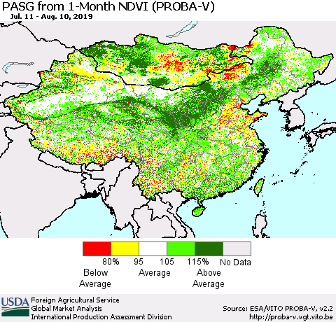 China, Mongolia and Taiwan PASG from 1-Month NDVI (PROBA-V) Thematic Map For 8/1/2019 - 8/10/2019