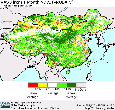 China and Taiwan PASG from 1-Month NDVI (PROBA-V) Thematic Map For 8/11/2019 - 8/20/2019