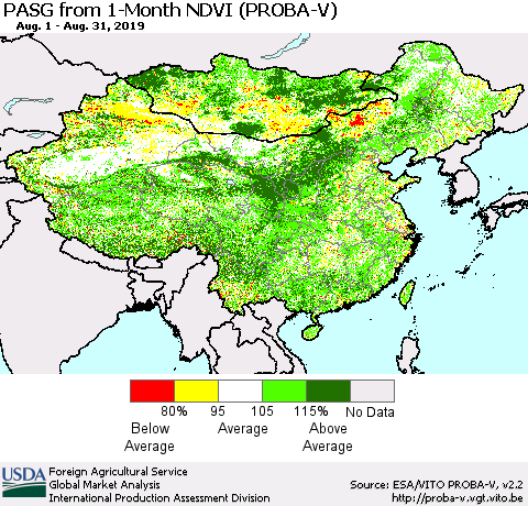 China and Taiwan PASG from 1-Month NDVI (PROBA-V) Thematic Map For 8/21/2019 - 8/31/2019