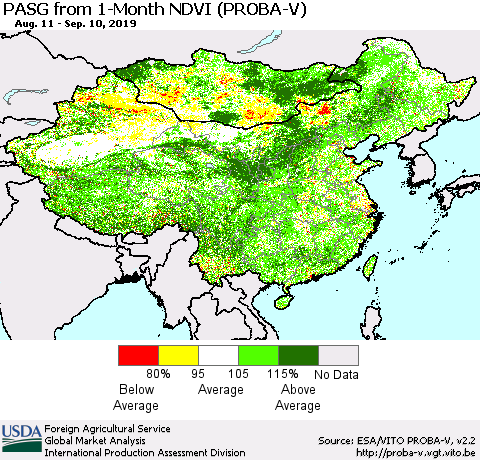 China and Taiwan PASG from 1-Month NDVI (PROBA-V) Thematic Map For 9/1/2019 - 9/10/2019