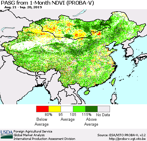 China, Mongolia and Taiwan PASG from 1-Month NDVI (PROBA-V) Thematic Map For 9/11/2019 - 9/20/2019