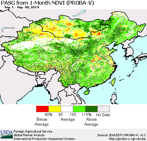 China and Taiwan PASG from 1-Month NDVI (PROBA-V) Thematic Map For 9/21/2019 - 9/30/2019