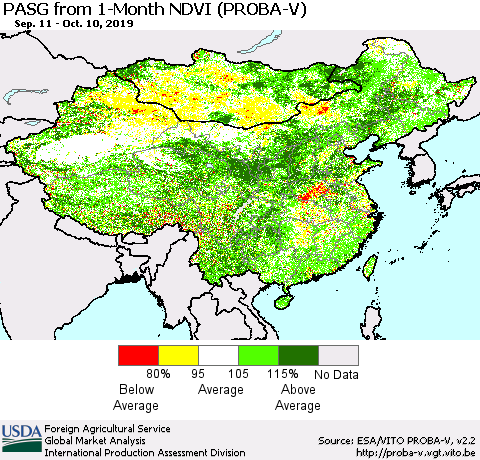 China and Taiwan PASG from 1-Month NDVI (PROBA-V) Thematic Map For 10/1/2019 - 10/10/2019
