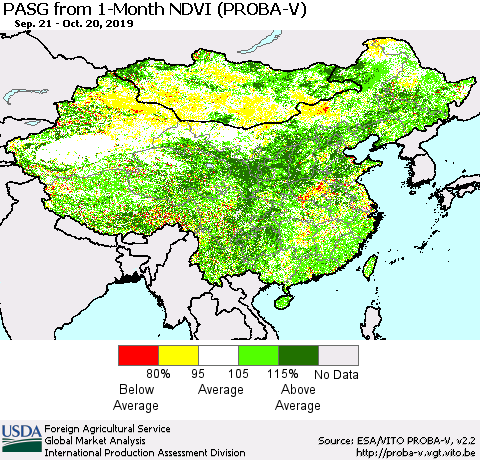 China and Taiwan PASG from 1-Month NDVI (PROBA-V) Thematic Map For 10/11/2019 - 10/20/2019