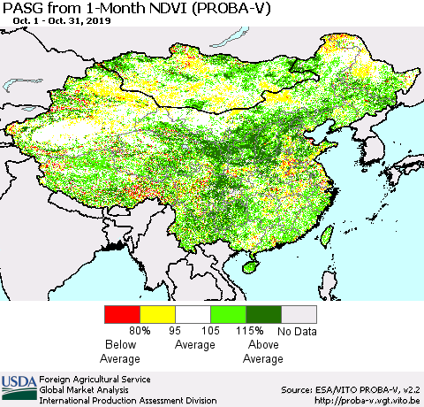 China and Taiwan PASG from 1-Month NDVI (PROBA-V) Thematic Map For 10/21/2019 - 10/31/2019