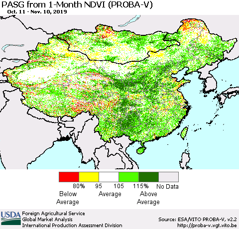 China, Mongolia and Taiwan PASG from 1-Month NDVI (PROBA-V) Thematic Map For 11/1/2019 - 11/10/2019