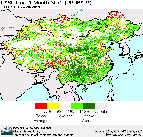 China, Mongolia and Taiwan PASG from 1-Month NDVI (PROBA-V) Thematic Map For 11/11/2019 - 11/20/2019