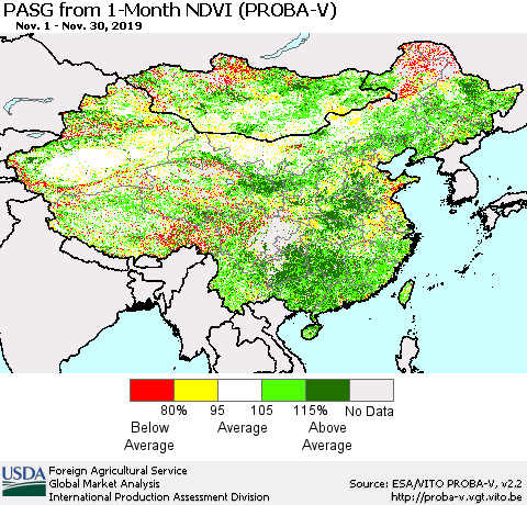 China, Mongolia and Taiwan PASG from 1-Month NDVI (PROBA-V) Thematic Map For 11/21/2019 - 11/30/2019