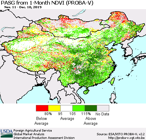 China, Mongolia and Taiwan PASG from 1-Month NDVI (PROBA-V) Thematic Map For 12/1/2019 - 12/10/2019