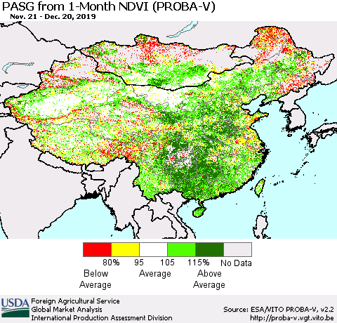 China, Mongolia and Taiwan PASG from 1-Month NDVI (PROBA-V) Thematic Map For 12/11/2019 - 12/20/2019