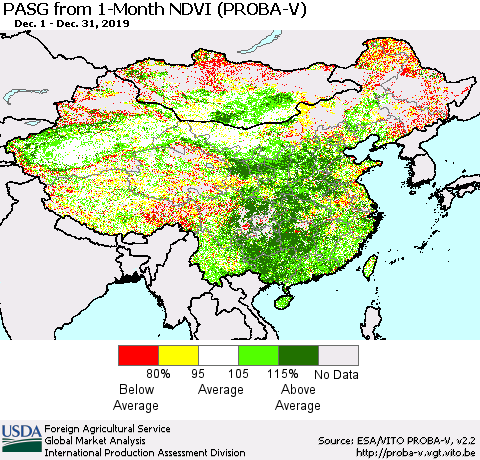 China, Mongolia and Taiwan PASG from 1-Month NDVI (PROBA-V) Thematic Map For 12/21/2019 - 12/31/2019