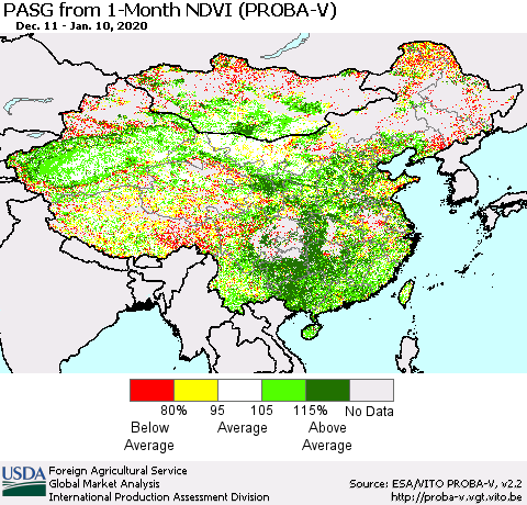 China, Mongolia and Taiwan PASG from 1-Month NDVI (PROBA-V) Thematic Map For 1/1/2020 - 1/10/2020
