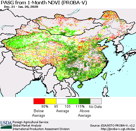 China, Mongolia and Taiwan PASG from 1-Month NDVI (PROBA-V) Thematic Map For 1/11/2020 - 1/20/2020