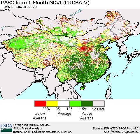 China, Mongolia and Taiwan PASG from 1-Month NDVI (PROBA-V) Thematic Map For 1/21/2020 - 1/31/2020