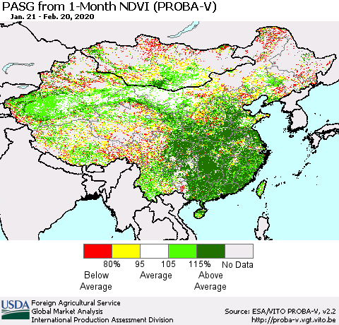 China, Mongolia and Taiwan PASG from 1-Month NDVI (PROBA-V) Thematic Map For 2/11/2020 - 2/20/2020