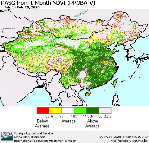 China, Mongolia and Taiwan PASG from 1-Month NDVI (PROBA-V) Thematic Map For 2/21/2020 - 2/29/2020