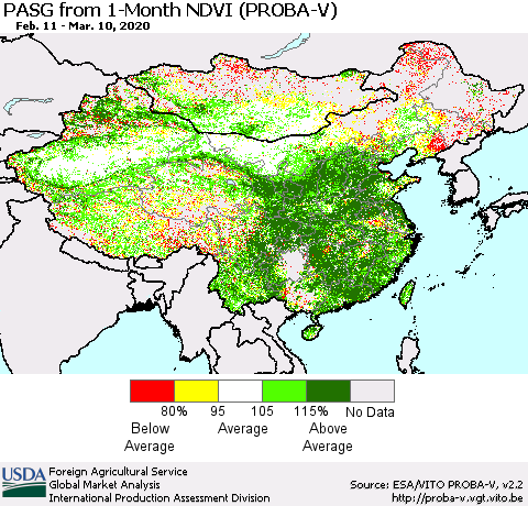 China, Mongolia and Taiwan PASG from 1-Month NDVI (PROBA-V) Thematic Map For 3/1/2020 - 3/10/2020