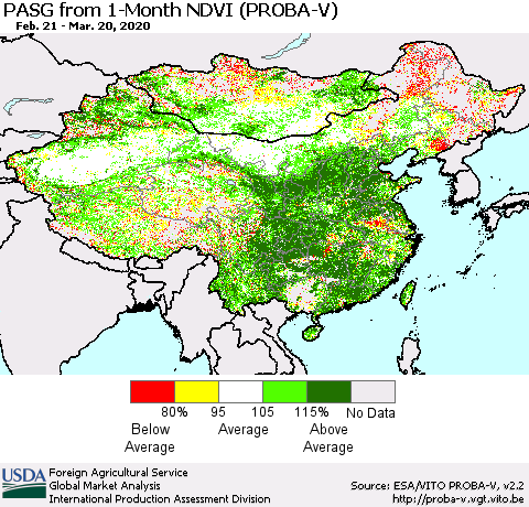 China, Mongolia and Taiwan PASG from 1-Month NDVI (PROBA-V) Thematic Map For 3/11/2020 - 3/20/2020